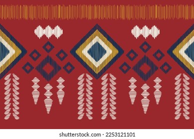 Estilo geométrico del patrón de tejido de Ikat étnico. Borde de Ikat africano. Patrón étnico oriental color rojo vivo. Resumen,vector,ilustración. uso para textura, ropa, envoltura, decoración, alfombra.