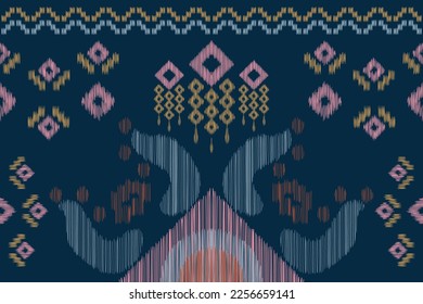 Ethnic Ikat fabric pattern geometric style.African Ikat embroidery Ethnic oriental pattern Navy dark blue background. Abstract,vector,illustration.For texture,clothing,wrapping,decoration,carpet.