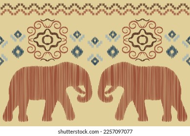 Ethnic Ikat fabric pattern geometric style.African Ikat embroidery Ethnic oriental elephant white brown cream background. Abstract,vector,illustration.For texture,clothing,wrapping,decoration,carpet.