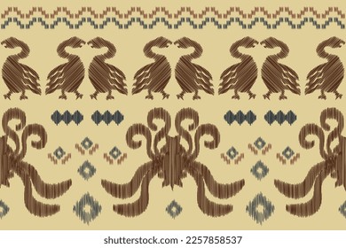 Ethnic Ikat fabric pattern geometric style.African Ikat embroidery Ethnic oriental bird white brown cream background. Abstract,vector,illustration.For texture,clothing,wrapping,decoration,carpet.
