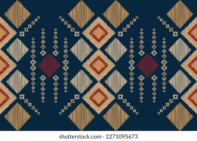 Ethnische Ikat-Stoffmuster geometrischen Stil.afrikanische Ikat Stickerei Ethnische orientalische Muster marineblau Hintergrund. Abstrakt,Vektorgrafik,Illustration.Für Textur,Kleidung,Umhüllung,Dekoration,Teppich.