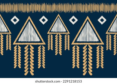 Estilo geométrico del patrón de tejido de Ikat étnico. Borde de Ikat africano Patrón étnico oriental fondo azul marino. Resumen,vector,ilustración.Para textura, ropa, bufanda, decoración, alfombra.
