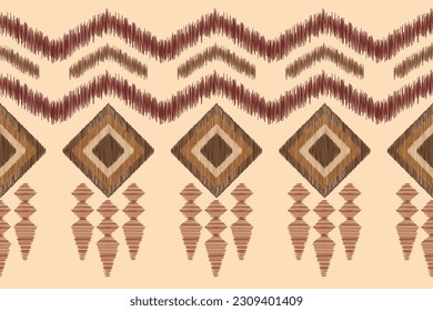 Estilo geométrico del patrón de tela de Ikat de origen étnico. bordado de ikat de origen étnico oriental de color crema marrón. Resumen,vector,ilustración.Para textura,ropa,pañuelo,decoración,alfombra,seda.