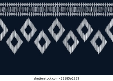 Estilo geométrico del patrón de tejido de Ikat étnico. Borde de Ikat africano. Fondo azul de tónica oriental étnica. Resumen,vector,ilustración.Textura,marco,bufanda,decoración,alfombra,papel pintado,motivos de seda.