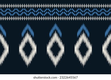 Estilo geométrico del patrón de tejido de Ikat étnico. Borde de Ikat africano. Fondo azul de tónica oriental étnica. Resumen,vector,ilustración.Textura,marco,bufanda,decoración,alfombra,papel pintado,motivos de seda.