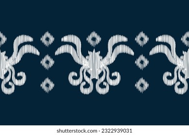 Estilo geométrico del patrón de tejido de Ikat étnico. Borde de Ikat africano. Fondo azul de tónica oriental étnica. Resumen,vector,ilustración.Textura,marco,bufanda,decoración,alfombra,papel pintado,motivos de seda.