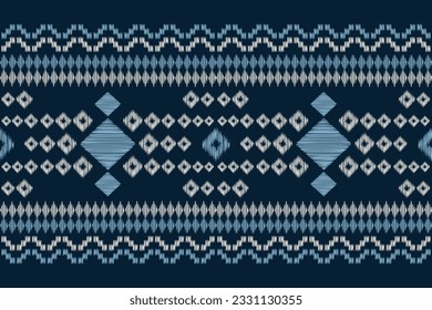 Estilo geométrico del patrón de tejido de Ikat étnico. Borde de Ikat africano. Fondo azul de tónica oriental étnica. Resumen,vector,ilustración.Textura,marco,bufanda,decoración,alfombra,papel pintado,motivos de seda.