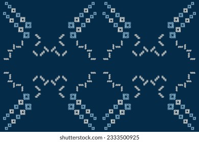 Estilo geométrico del patrón de tejido de Ikat étnico. Borde de Ikat africano. Fondo azul de tónica oriental étnica. Resumen,vector,ilustración.Textura,marco,bufanda,decoración,alfombra,papel pintado,motivos de seda.