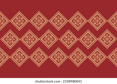 Estilo geométrico del patrón de tejido de Ikat étnico. Borde de Ikat africano Patrón étnico oriental de fondo rojo. Resumen,vector,ilustración.Textura,marco,bufanda,decoración,alfombra,papel pintado,motivos de seda.