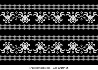 Estilo geométrico del patrón de tejido de Ikat étnico. Borde de Ikat africano. Patrón étnico oriental de fondo negro. Resumen,vector,ilustración.Textura,marco,bufanda,decoración,alfombra,papel pintado,motivos de seda.