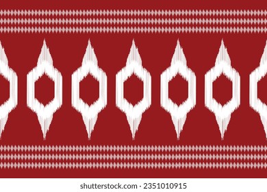 Estilo geométrico del patrón de tejido de Ikat étnico. Borde de Ikat africano Patrón étnico oriental de fondo rojo. Resumen,vector,ilustración.Textura,marco,bufanda,decoración,alfombra,papel pintado,motivos de seda.