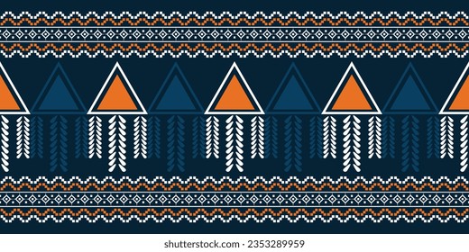 Estilo geométrico del patrón de tejido de Ikat étnico. Borde de Ikat africano. Fondo azul de tónica oriental étnica. Resumen,vector,ilustración.Textura,marco,bufanda,decoración,papel pintado,seda,motivo.