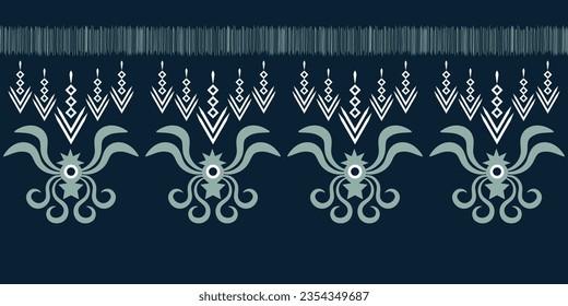 Estilo geométrico del patrón de tejido de Ikat étnico. Borde de Ikat africano. Fondo azul de tónica oriental étnica. Resumen,vector,ilustración.Textura,marco,bufanda,decoración,papel pintado,seda,motivo.