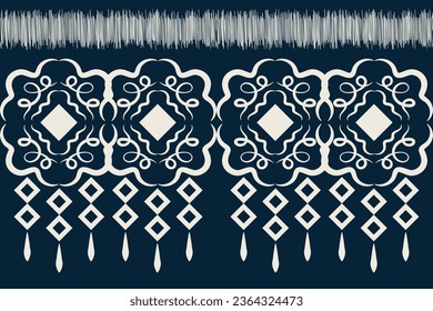 Estilo geométrico del patrón de tejido de Ikat étnico. Borde de Ikat africano. Fondo azul de tónica oriental étnica. Resumen,vector,ilustración.Textura,ropa,marco,decoración,alfombra,motivo.