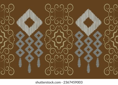 Estilo geométrico del patrón de tejido de Ikat étnico. Borde de Ikat africano. Patrón étnico oriental fondo marrón. Resumen,vector,ilustración.Textura,marco,bufanda,decoración,papel pintado,seda,motivo.