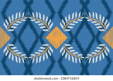 Estilo geométrico del patrón de tejido de Ikat étnico. Borde de Ikat africano. Fondo azul de tónica oriental étnica. Resumen,vector,ilustración.Textura,ropa,marco,decoración,alfombra,motivo.