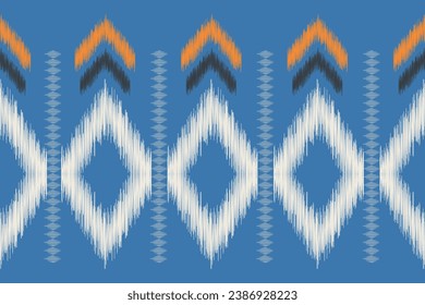Estilo geométrico del patrón de tejido de Ikat étnico. Borde de Ikat africano. Fondo azul de tónica oriental étnica. Resumen,vector,ilustración.Textura,ropa,marco,decoración,alfombra,motivo.