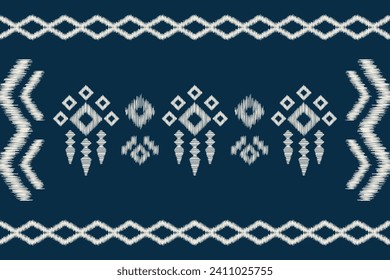 Estilo geométrico del patrón de tejido de Ikat étnico. Borde de Ikat africano. Fondo azul de tónica oriental étnica. Resumen,vector,ilustración.Textura,ropa,marco,decoración,motivo.