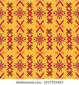 Padrões de tecido de ikat étnico em tons de amarelo, laranja e vermelho, consistindo em padrões feitos de várias formas para impressão em tecidos, cobertores, camisas, sarongs, bolsas, capas de notebook ou dec