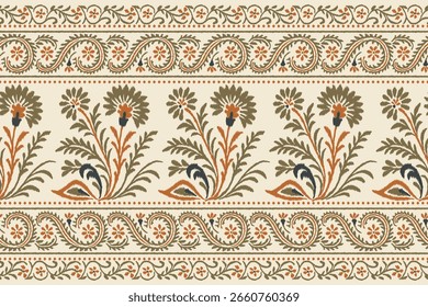 Ethnic ikat floral border pattern with traditional paisley and embroidery style, seamless vintage damask textile design in earthy tones for fabric, clothing, wallpaper, and decorative prints.