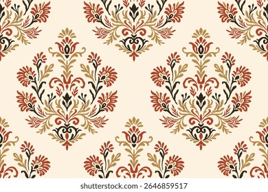 Ethnic Ikat Floral Damask Embroidery Pattern in Traditional Seamless Textile Style, Abstract Ornamental Fabric Illustration for Clothing, Wrapping and Decorative Fabric Design.