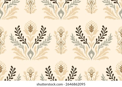 Ethnic Ikat Floral Damask Pattern in Traditional Seamless Embroidery Style, Abstract Ornamental Fabric Illustration with Soft Earth Tones for Clothing, Decoration and Textile Texture Design.