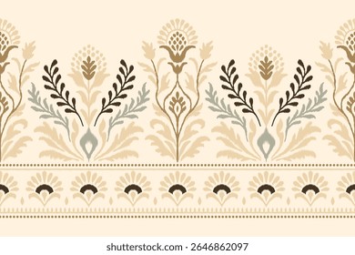 Patrón de damasco floral de Ikat étnico en estilo de bordado tradicional sin costuras, ilustración de tela ornamental Abstractas con tonos de tierra suaves para ropa, decoración y diseño de textura textil.