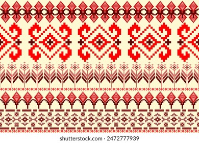 Ethnic Ikat floral paisley pixel embroidery traditional seamless pattern. Native oriental geometrical elements tribe design for fabric, decoration, texture, ornament, embroidery, illustration