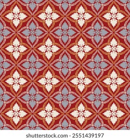 Patrón sin fisuras floral de Ikat étnico. Bordado, patrón vintage floral. Impresión de rayas ornamento floral. Textura textil Ilustración vectorial de fondo adornado elegante estilo retro vintage de lujo.