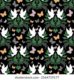 Ethnic Ikat floral seamless pattern. Embroidery , floral vintage pattern.print striped ornament floral. White bird butterfly background vector illustration ornate elegant luxury vintage retro style