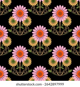 Padrão floral étnico sem emenda de Ikat. Bordado, floral vintage padrão.imprimir listrado ornamento floral. Textura têxtil fundo vetor ilustração ornamentar elegante estilo retro vintage.