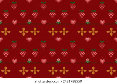 Ethnic Ikat geometric cross stitch knitted seamless pattern on damask background. Modern Ikat pixel traditional design for fabric, clothing, embroidery, sweater, knitting, printing, cross stitch