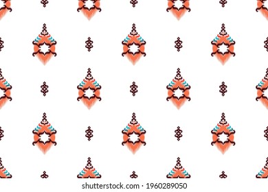 Ethnic ikat Indian seamless pattern design. fabric tribal geometric Aztec carpet native boho mandalas African American chevron textile wallpaper. Pillow texture vector illustrations background.