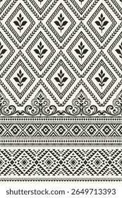 Ethnic ikat pattern in black and white with diamond floral motifs, tribal ornamental border design, seamless traditional textile for fabric, fashion, home decor, wrapping, or cultural artwork.