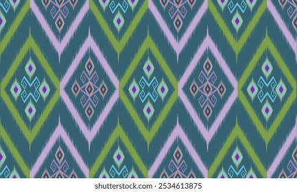 Patrón de Ikat étnico sobre fondo azul abstracto. Diseñado para imprimir o bordar en tela, alfombra, Fondo de pantalla, cortina, funda de almohada o decoración de interiores para el hogar o la oficina.