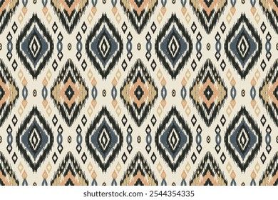 Ethnic Ikat pattern on a beige background with traditional oriental embroidery. Geometric Aztec inspired diamond shapes. Perfect for fabrics, wallpapers and textile designs.