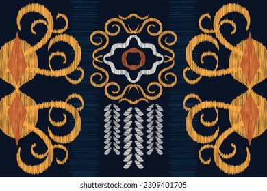 Patrón geométrico de tela sin costura de Ikat de origen étnico. Borde de Ikat de África Patrón étnico oriental de fondo azul marino. Resumen,vector,ilustración.Textura,ropa,pañuelo,decoración,alfombra,papel pintado.