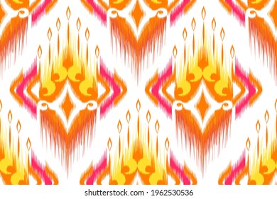 Ethnische Ikat nahtlose Muster Design. Indische Azteken-Amerikaner Boho Teppich aus einheimischen Gewebe ethnische Chevron Textil-Tapete Dekoration. Mandala Ornament Textur Vektorgrafik Hintergrund.
