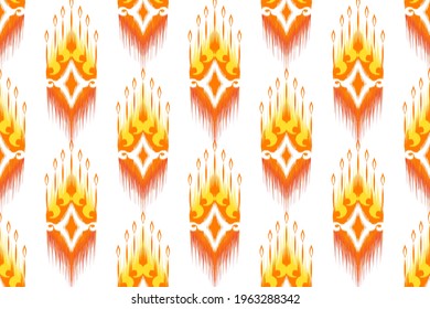 Ethnic ikat seamless pattern design. Indian Aztec African American Boho carpet native fabric ethnic chevron textile wallpaper decoration. Mandala ornament texture vector illustrations background.