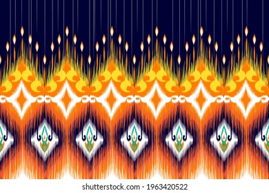 Ethnic ikat seamless pattern design. Indian Aztec African American Boho carpet native fabric ethnic chevron textile wallpaper decoration. Mandala ornament texture vector illustrations background.