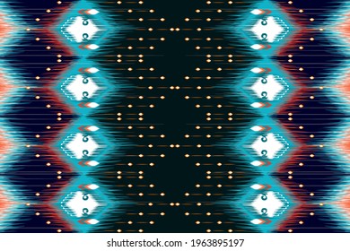 Ethnic ikat seamless pattern design. Indian Aztec African American Boho carpet native fabric ethnic chevron textile wallpaper decoration. Mandala ornament texture vector illustrations background.