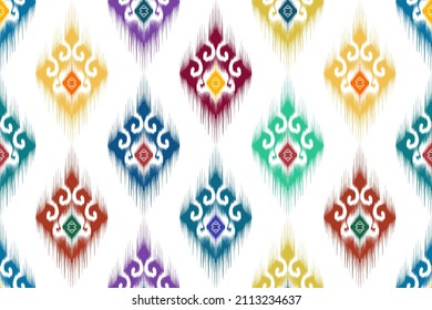 Ethnic ikat seamless pattern design. Tribal turkey African Indian traditional embroidery vector background. Aztec fabric carpet mandala ornament chevron textile decoration wallpaper 