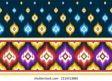 Ethnic ikat seamless pattern design. Tribal turkey African Indian traditional embroidery vector background. Aztec fabric carpet mandala ornament boho native chevron textile decoration wallpaper.