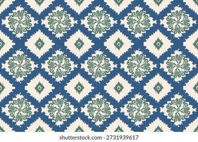 Ethnic ikat seamless pattern. floral embroidery, bohemian style, abstract flower art print. ethnic ikat abstract art. seamless fabric. ikat design for textile, wallpaper, and clothing.
