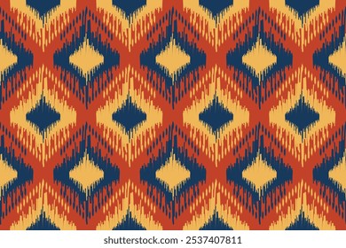 Ethnische Ikat nahtloses Muster auf orangefarbenem Hintergrund. Handgezeichnete Tribal-Stil schöne Stoffmuster. für Teppich, Textil, Teppich, Kleidung, Batik, Motiv.