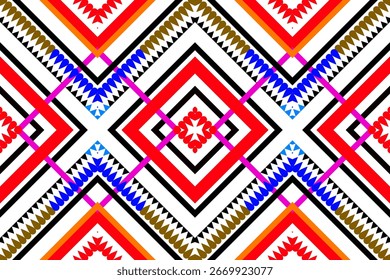 Patrón de ikat étnico sin fisuras en líneas geométricas rojas, negras, naranjas y azules. Ideal para tela, Fondo de pantalla, decoración del hogar y diseño de moda bohemio.