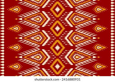 Ethnic ikat seamless pattern traditional. Carpet tribal style. Aztec ornament print. Red background. Design for illustration, fabric, clothing, rug, textile, batik, embroidery.