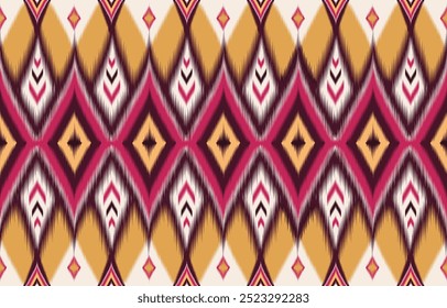 Ethnic ikat seamless pattern. Trendy bohemian style background. Colorful geometric tribal print. Abstract ikat ornament. Vibrant textile design. Boho chic ikat wallpaper.