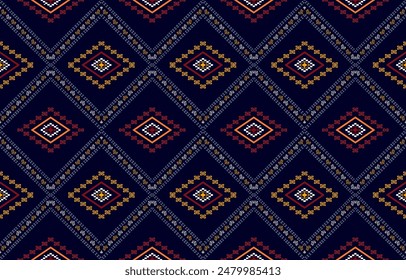 Patrón sin fisuras de ikat étnico en tribal. Estampado de ornamento étnico geométrico. Estilo de patrón Ikat. Diseño para el fondo, alfombra, Fondo de pantalla, ropa, envoltura, batik, tela, Vector, ilustración, bordado.