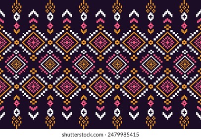 Patrón sin fisuras de ikat étnico en tribal. Estampado de ornamento étnico geométrico. Estilo de patrón Ikat. Diseño para el fondo, alfombra, Fondo de pantalla, ropa, envoltura, batik, tela, Vector, ilustración, bordado.
